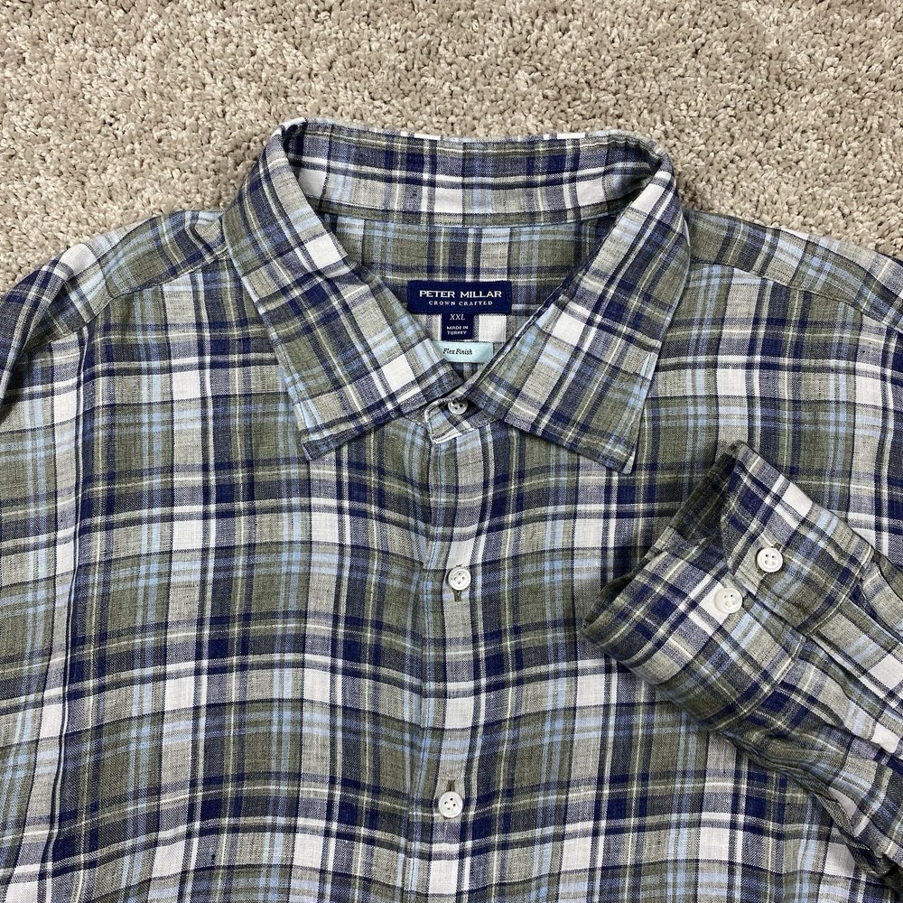 Peter Millar Crown Crafted‎ XXL Blue Green Plaid 100% Linen Flex Finish Shirt